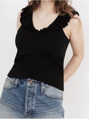 Madewell Black Ruffle Tank Top XL | Ribbed Knit Sleeveless Feminine Chic Top